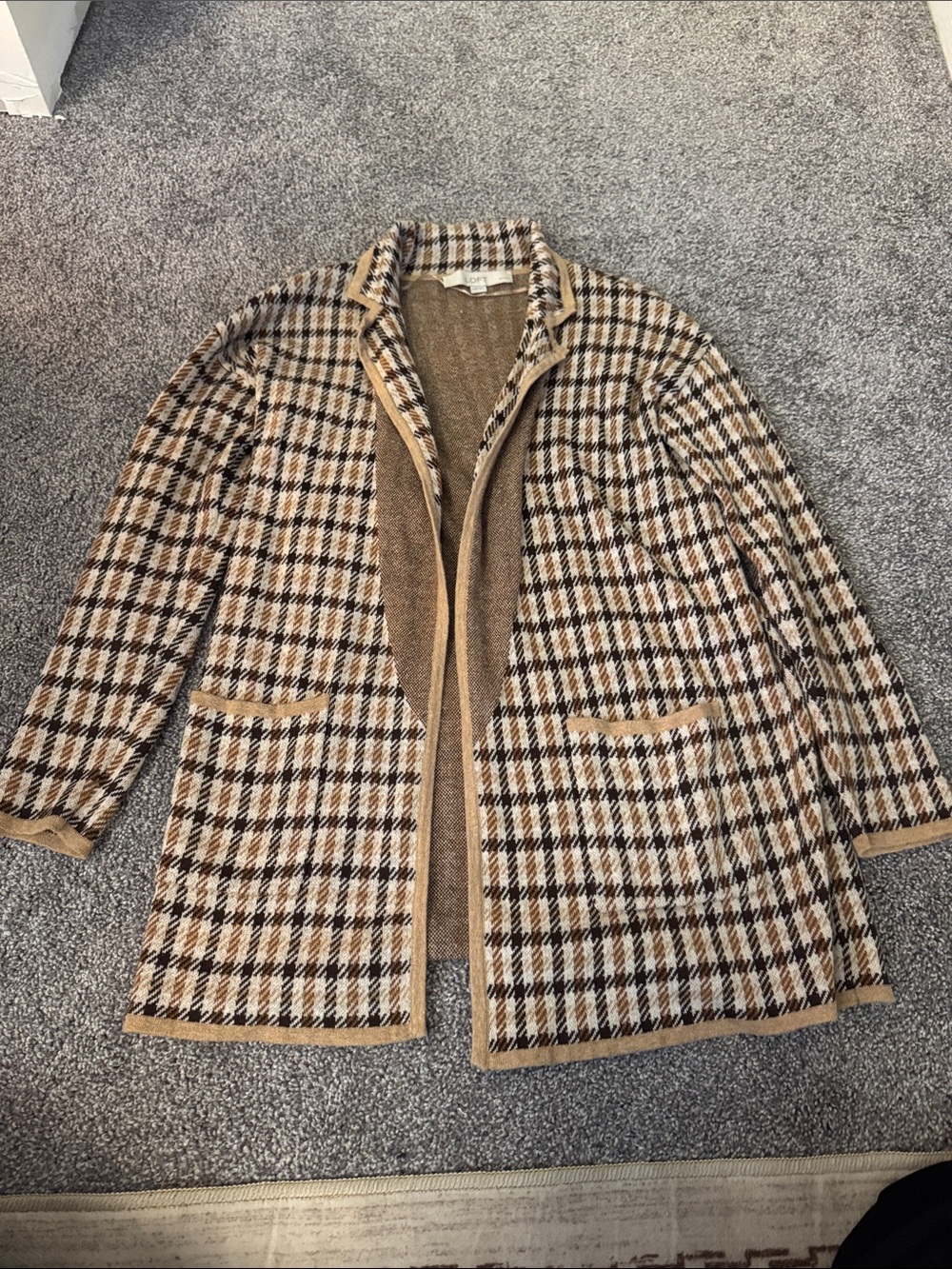 LOFT Women’s knit Plaid Blazer in Tan, Brown and Cream - preppy and classic